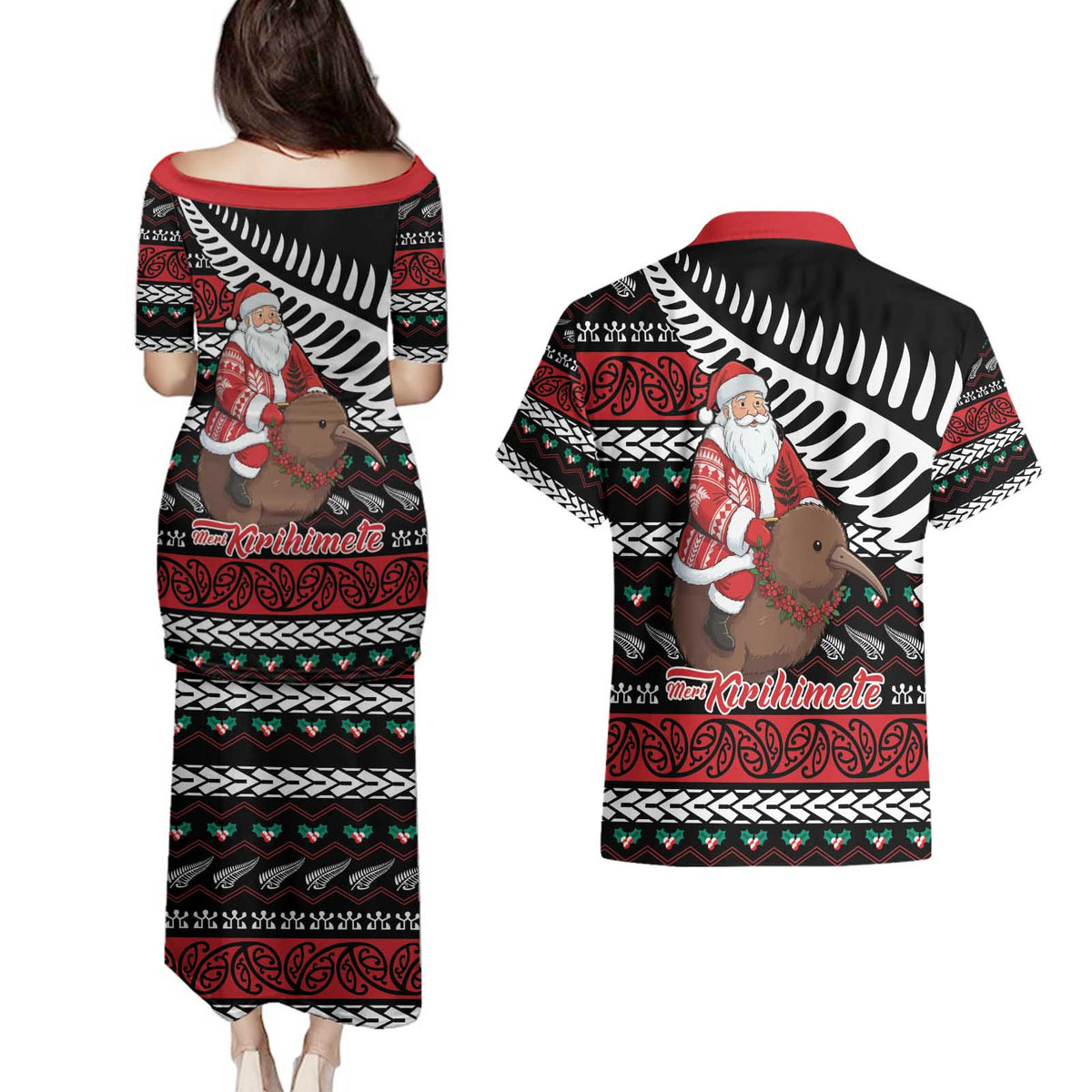 New Zealand Kiwi Santa Christmas Couples Matching Puletasi and Hawaiian Shirt He Wairua Kirihimete LT9 - Polynesian Pride