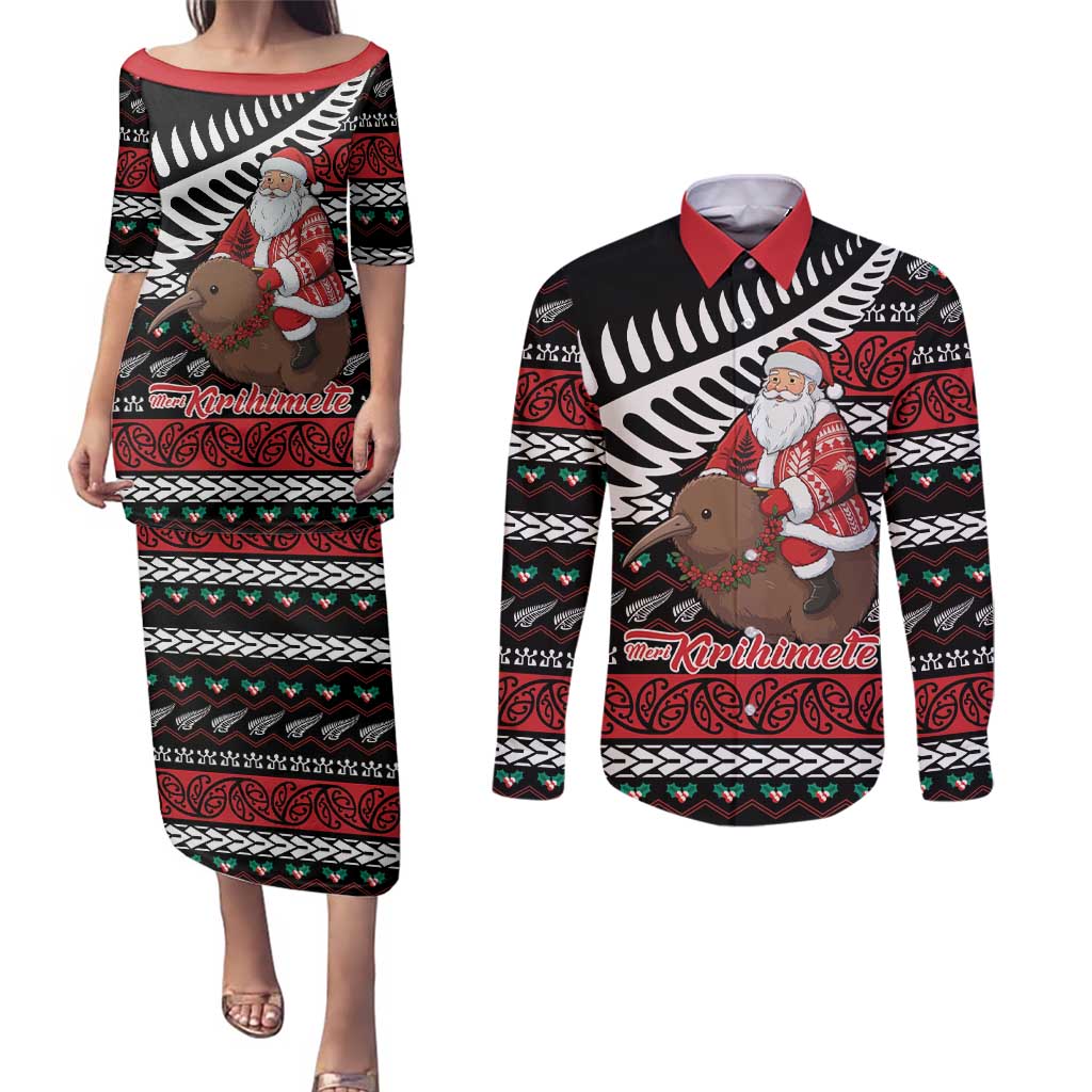 New Zealand Kiwi Santa Christmas Couples Matching Puletasi and Long Sleeve Button Shirt He Wairua Kirihimete - Polynesian Pride