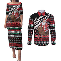 New Zealand Kiwi Santa Christmas Couples Matching Puletasi and Long Sleeve Button Shirt He Wairua Kirihimete LT9 Black - Polynesian Pride