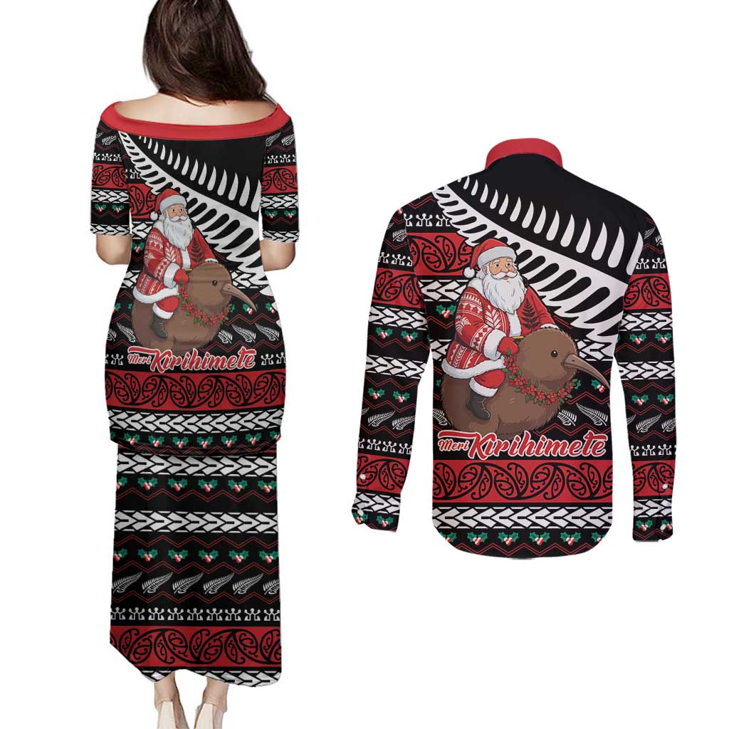 New Zealand Kiwi Santa Christmas Couples Matching Puletasi and Long Sleeve Button Shirt He Wairua Kirihimete LT9 - Polynesian Pride