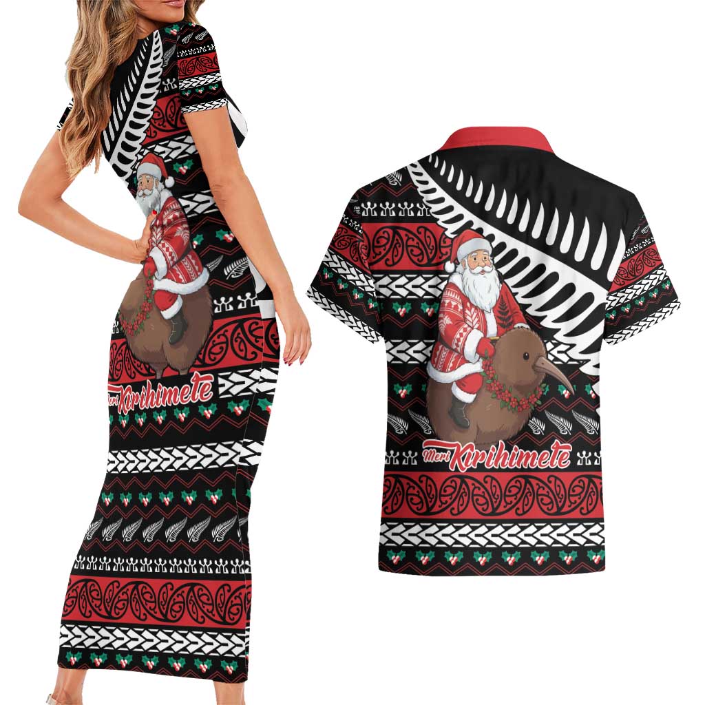 New Zealand Kiwi Santa Christmas Couples Matching Short Sleeve Bodycon Dress and Hawaiian Shirt He Wairua Kirihimete LT9 - Polynesian Pride