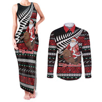 New Zealand Kiwi Santa Christmas Couples Matching Tank Maxi Dress and Long Sleeve Button Shirt He Wairua Kirihimete LT9 Black - Polynesian Pride