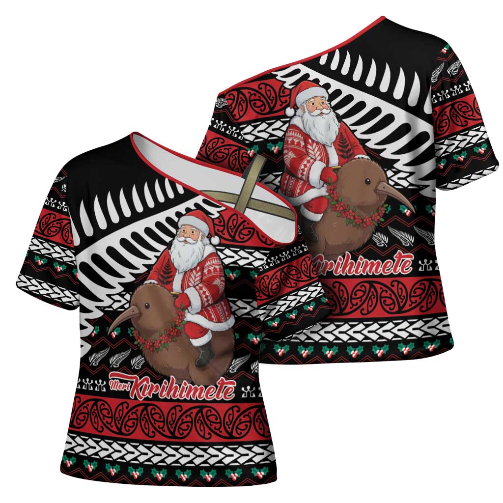 New Zealand Kiwi Santa Christmas Cross Shoulder Shirt He Wairua Kirihimete LT9 - Polynesian Pride