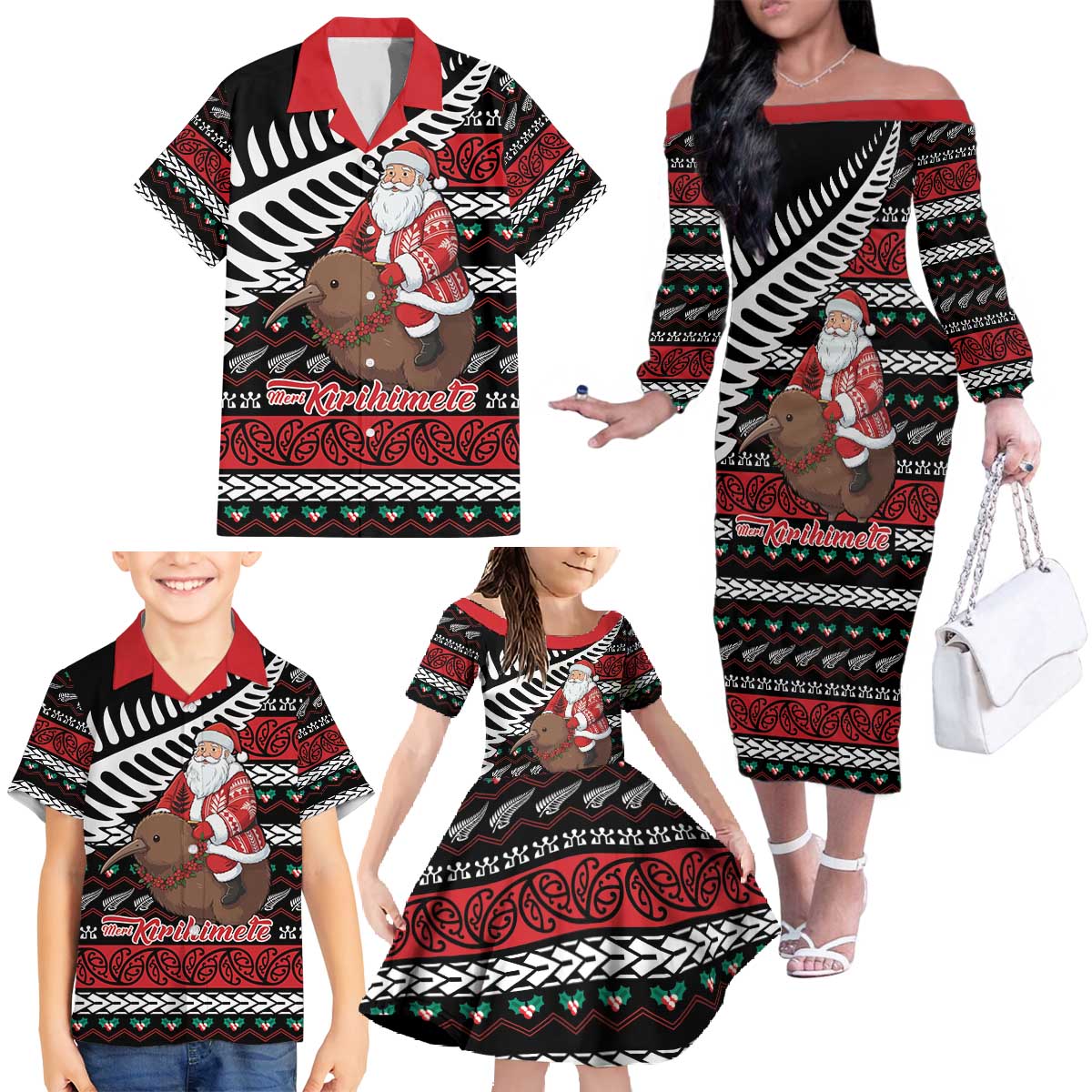 New Zealand Kiwi Santa Christmas Family Matching Off The Shoulder Long Sleeve Dress and Hawaiian Shirt He Wairua Kirihimete - Polynesian Pride