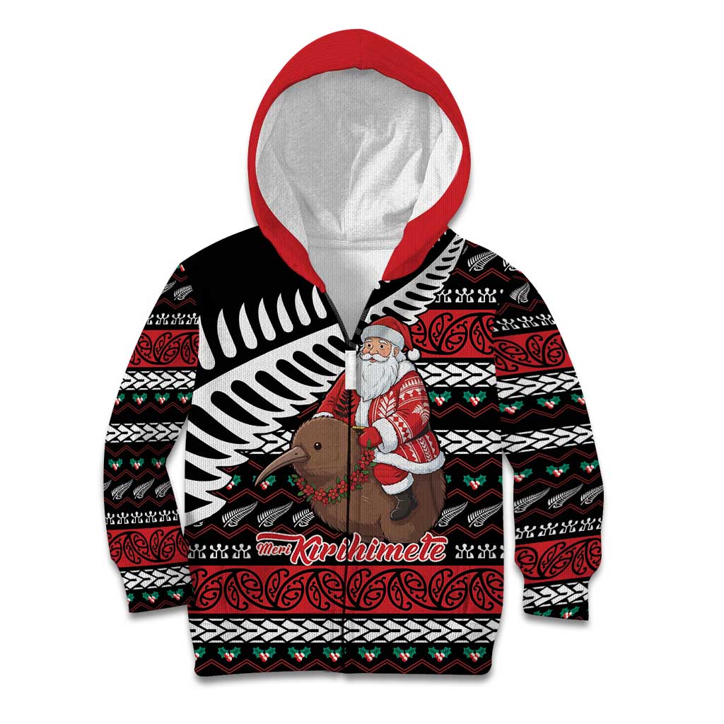 New Zealand Kiwi Santa Christmas Kid Hoodie He Wairua Kirihimete LT9 Zip Hoodie Black - Polynesian Pride