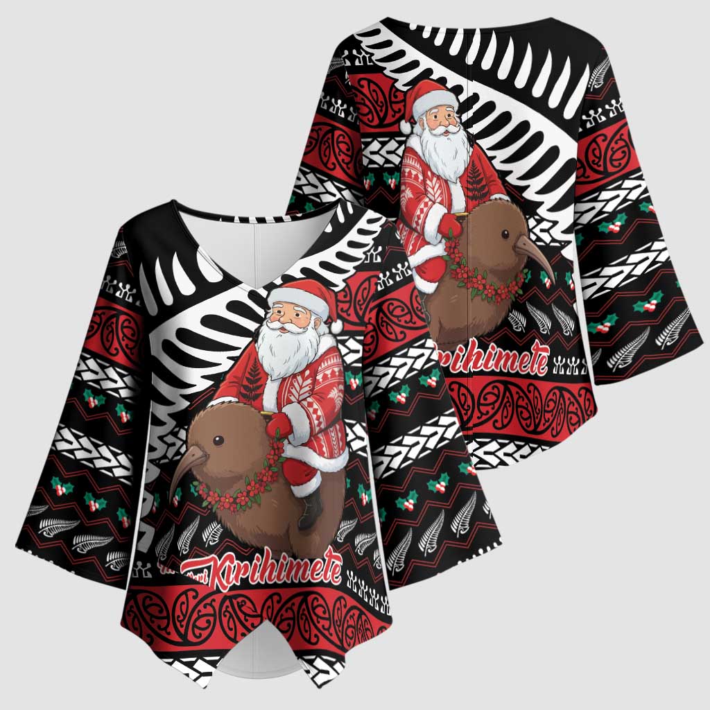 New Zealand Kiwi Santa Christmas Kimono Sleeve Blouse He Wairua Kirihimete - Polynesian Pride