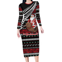 New Zealand Kiwi Santa Christmas Long Sleeve Bodycon Dress He Wairua Kirihimete - Polynesian Pride