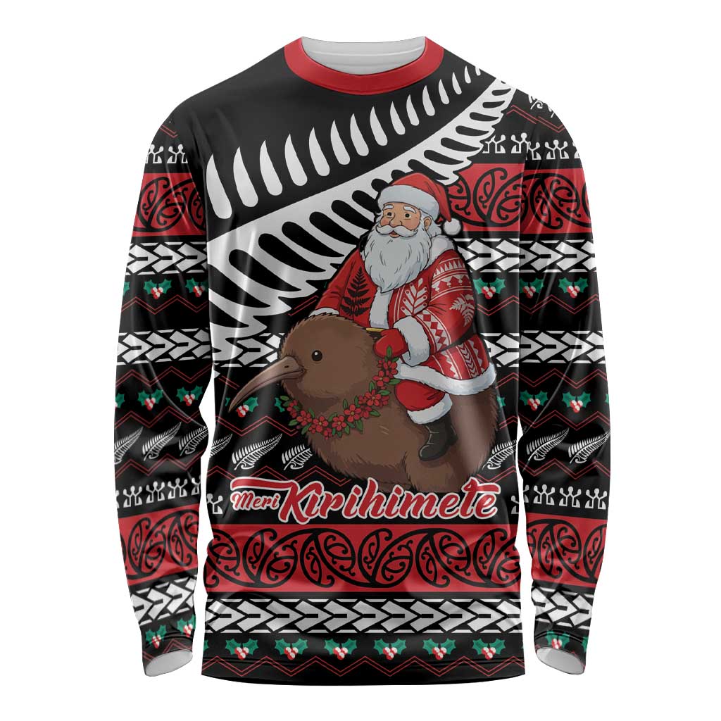 New Zealand Kiwi Santa Christmas Long Sleeve Shirt He Wairua Kirihimete LT9 Unisex Black - Polynesian Pride