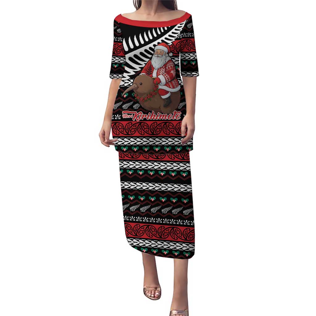 New Zealand Kiwi Santa Christmas Puletasi He Wairua Kirihimete LT9 Long Dress Black - Polynesian Pride