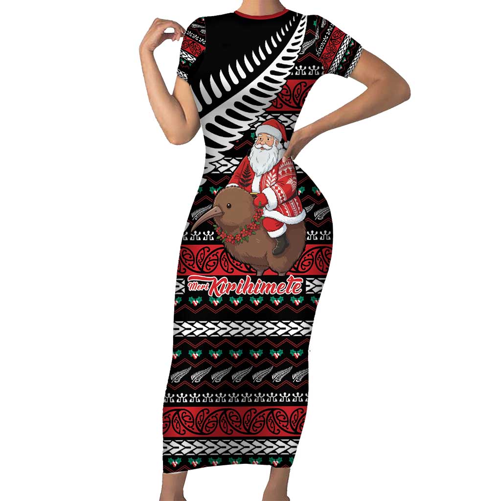 New Zealand Kiwi Santa Christmas Short Sleeve Bodycon Dress He Wairua Kirihimete - Polynesian Pride