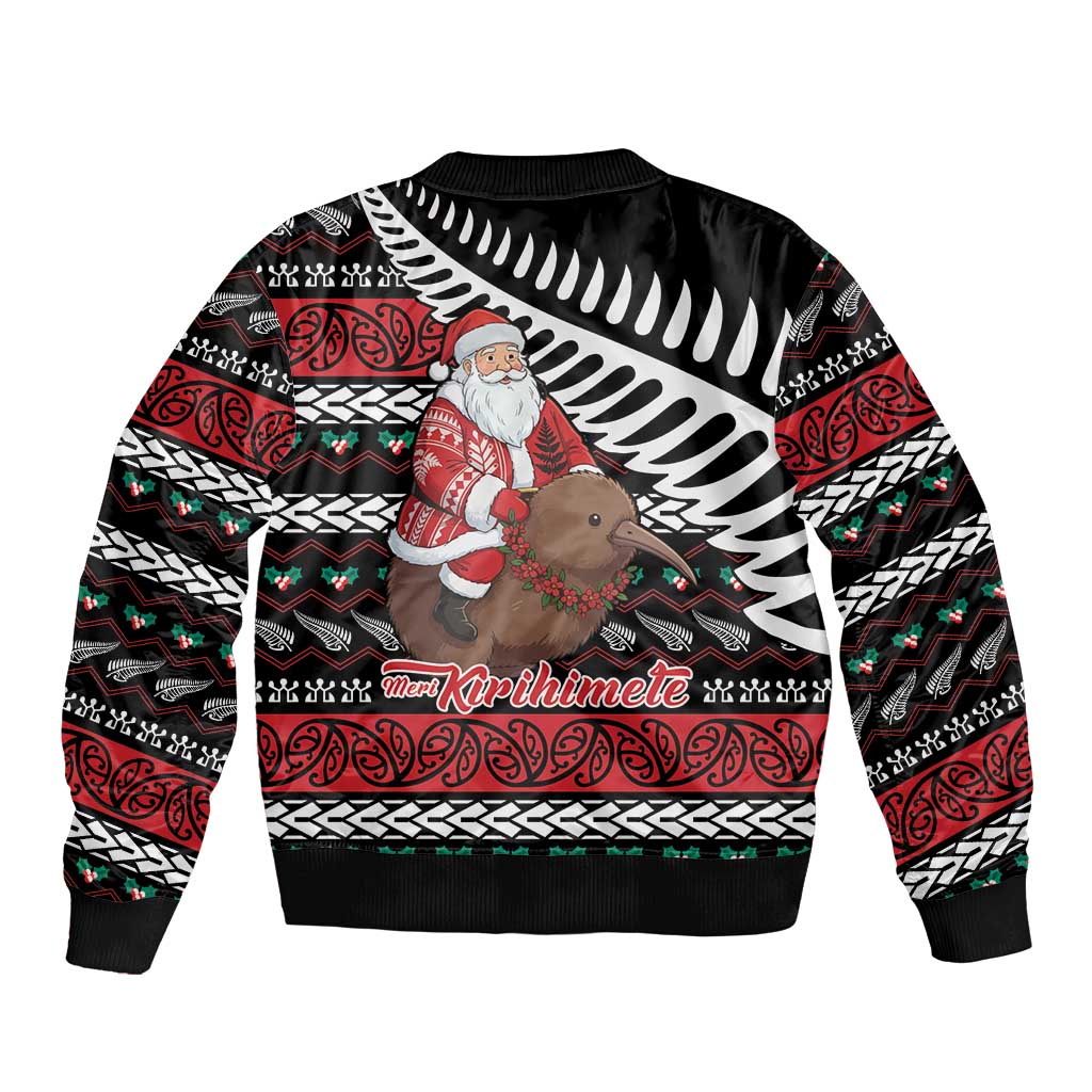 New Zealand Kiwi Santa Christmas Sleeve Zip Bomber Jacket He Wairua Kirihimete - Polynesian Pride