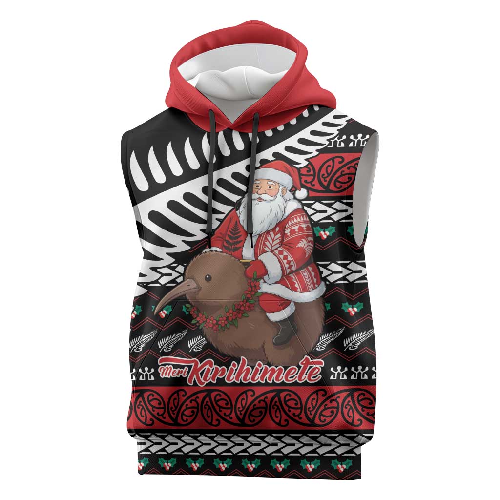 New Zealand Kiwi Santa Christmas Sleeveless Hoodie He Wairua Kirihimete LT9 Black - Polynesian Pride