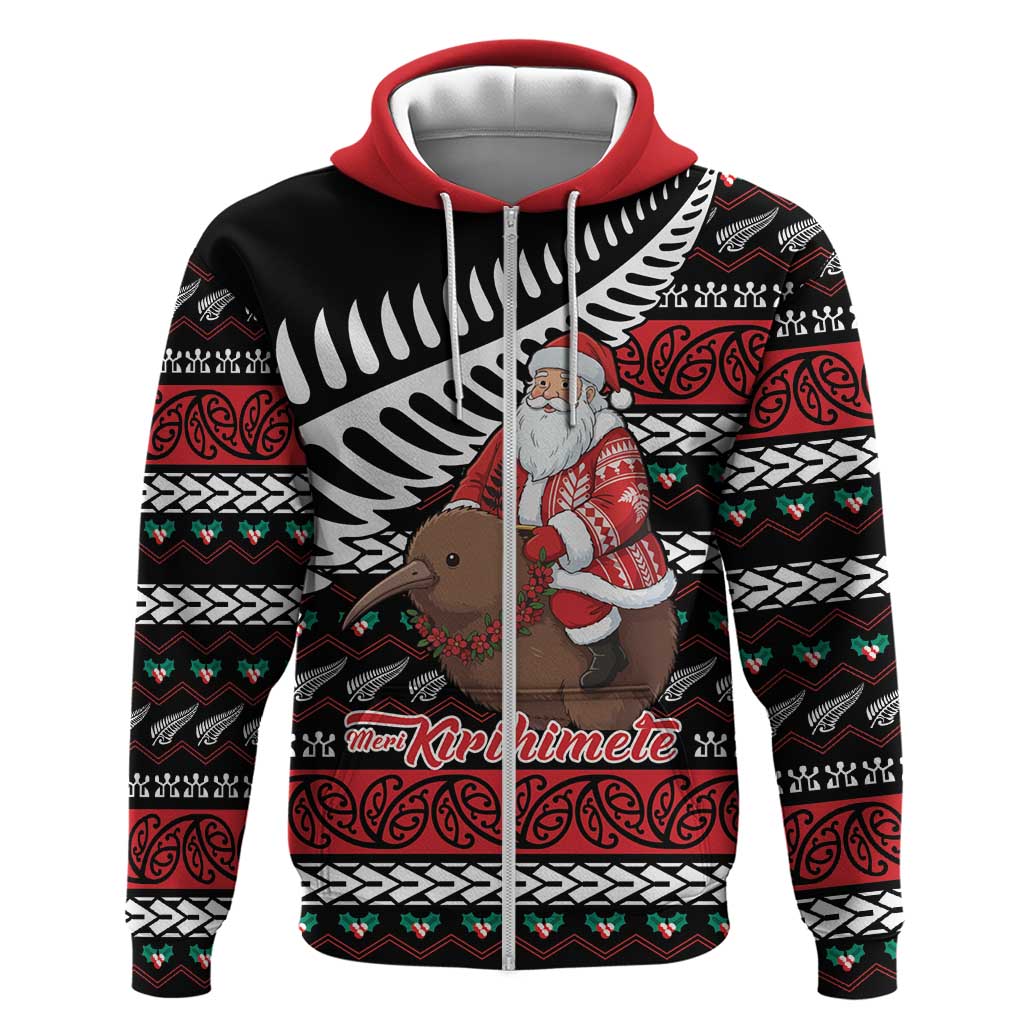 New Zealand Kiwi Santa Christmas Zip Hoodie He Wairua Kirihimete LT9 Zip Hoodie Black - Polynesian Pride