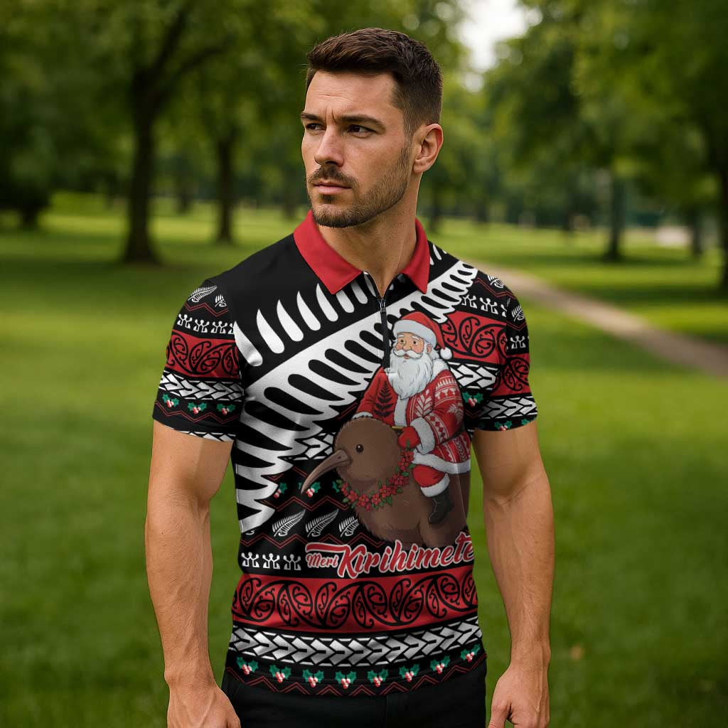 New Zealand Kiwi Santa Christmas Zipper Polo Shirt He Wairua Kirihimete - Polynesian Pride