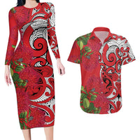 Personalised New Zealand Koru Pohutukawa Couples Matching Long Sleeve Bodycon Dress and Hawaiian Shirt Meri Kirihimete Aroha for Christmas LT9 Red - Polynesian Pride