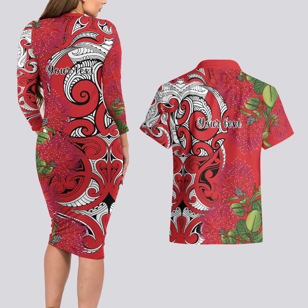 Personalised New Zealand Koru Pohutukawa Couples Matching Long Sleeve Bodycon Dress and Hawaiian Shirt Meri Kirihimete Aroha for Christmas LT9 - Polynesian Pride