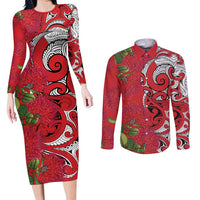 Personalised New Zealand Koru Pohutukawa Couples Matching Long Sleeve Bodycon Dress and Long Sleeve Button Shirt Meri Kirihimete Aroha for Christmas LT9 Red - Polynesian Pride