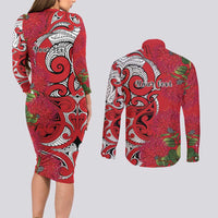 Personalised New Zealand Koru Pohutukawa Couples Matching Long Sleeve Bodycon Dress and Long Sleeve Button Shirt Meri Kirihimete Aroha for Christmas LT9 - Polynesian Pride