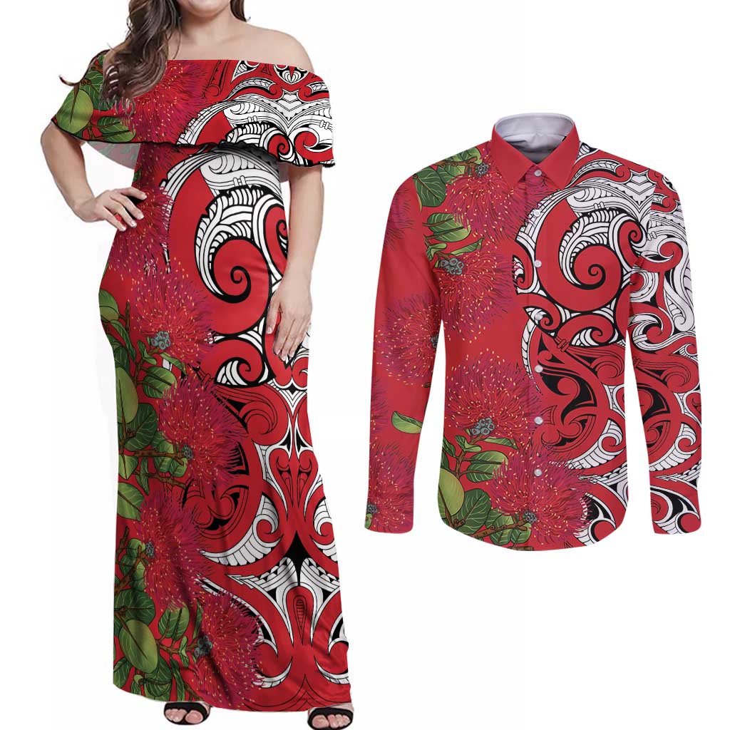 Personalised New Zealand Koru Pohutukawa Couples Matching Off Shoulder Maxi Dress and Long Sleeve Button Shirt Meri Kirihimete Aroha for Christmas LT9 Red - Polynesian Pride