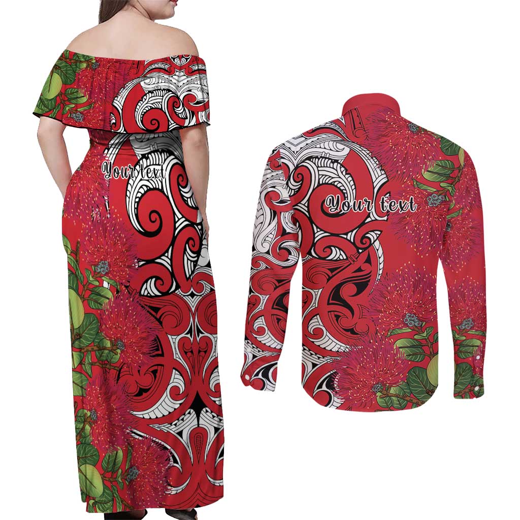 Personalised New Zealand Koru Pohutukawa Couples Matching Off Shoulder Maxi Dress and Long Sleeve Button Shirt Meri Kirihimete Aroha for Christmas LT9 - Polynesian Pride