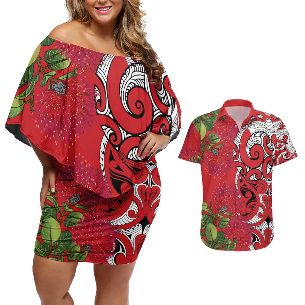 Personalised New Zealand Koru Pohutukawa Couples Matching Off Shoulder Short Dress and Hawaiian Shirt Meri Kirihimete Aroha for Christmas LT9 Red - Polynesian Pride