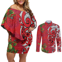 Personalised New Zealand Koru Pohutukawa Couples Matching Off Shoulder Short Dress and Long Sleeve Button Shirt Meri Kirihimete Aroha for Christmas LT9 Red - Polynesian Pride