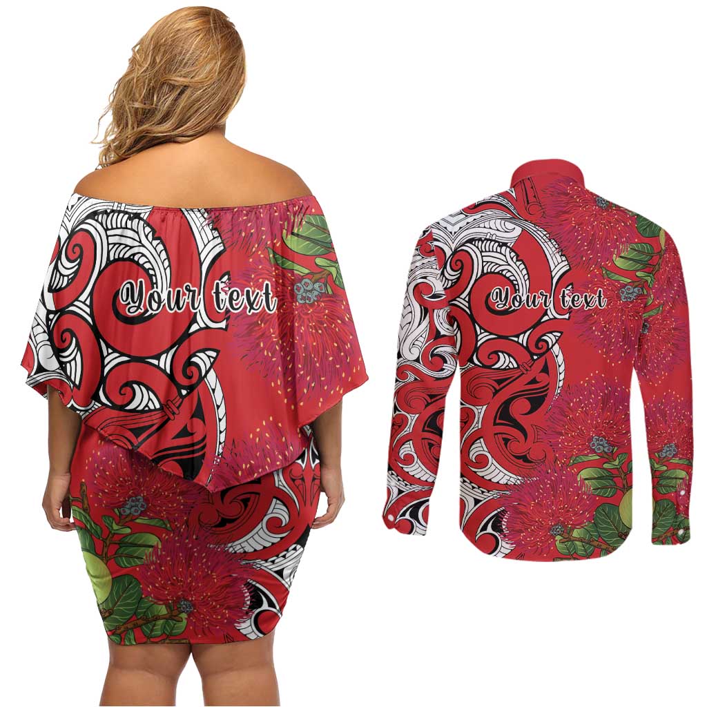 Personalised New Zealand Koru Pohutukawa Couples Matching Off Shoulder Short Dress and Long Sleeve Button Shirt Meri Kirihimete Aroha for Christmas LT9 - Polynesian Pride