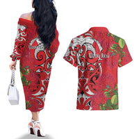 Personalised New Zealand Koru Pohutukawa Couples Matching Off The Shoulder Long Sleeve Dress and Hawaiian Shirt Meri Kirihimete Aroha for Christmas LT9 - Polynesian Pride