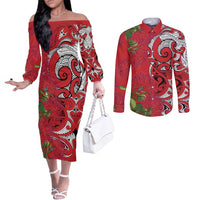 Personalised New Zealand Koru Pohutukawa Couples Matching Off The Shoulder Long Sleeve Dress and Long Sleeve Button Shirt Meri Kirihimete Aroha for Christmas LT9 Red - Polynesian Pride