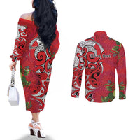Personalised New Zealand Koru Pohutukawa Couples Matching Off The Shoulder Long Sleeve Dress and Long Sleeve Button Shirt Meri Kirihimete Aroha for Christmas LT9 - Polynesian Pride