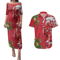 Personalised New Zealand Koru Pohutukawa Couples Matching Puletasi and Hawaiian Shirt Meri Kirihimete Aroha for Christmas LT9 Red - Polynesian Pride