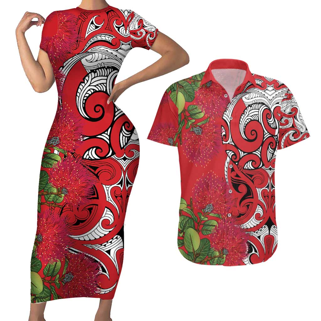 Personalised New Zealand Koru Pohutukawa Couples Matching Short Sleeve Bodycon Dress and Hawaiian Shirt Meri Kirihimete Aroha for Christmas LT9 Red - Polynesian Pride