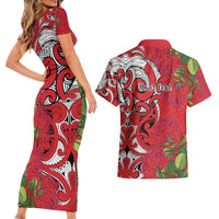 Personalised New Zealand Koru Pohutukawa Couples Matching Short Sleeve Bodycon Dress and Hawaiian Shirt Meri Kirihimete Aroha for Christmas LT9 - Polynesian Pride
