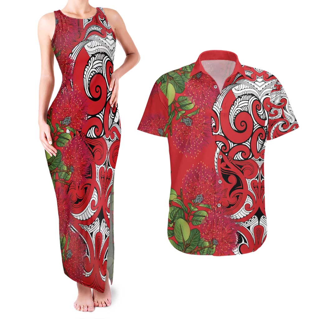 Personalised New Zealand Koru Pohutukawa Couples Matching Tank Maxi Dress and Hawaiian Shirt Meri Kirihimete Aroha for Christmas LT9 Red - Polynesian Pride