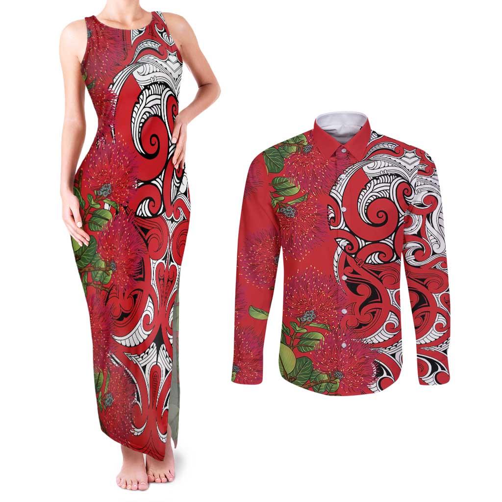 Personalised New Zealand Koru Pohutukawa Couples Matching Tank Maxi Dress and Long Sleeve Button Shirt Meri Kirihimete Aroha for Christmas LT9 Red - Polynesian Pride