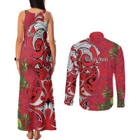 Personalised New Zealand Koru Pohutukawa Couples Matching Tank Maxi Dress and Long Sleeve Button Shirt Meri Kirihimete Aroha for Christmas LT9 - Polynesian Pride