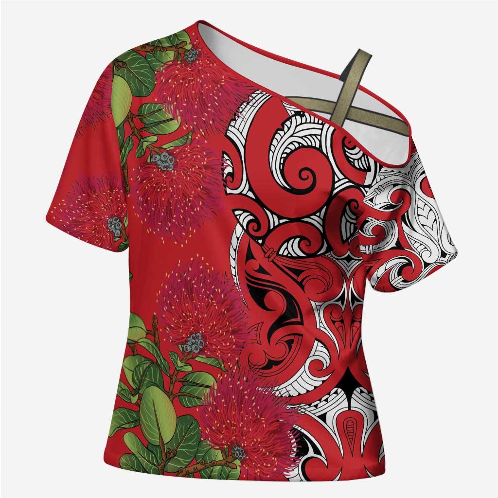 Personalised New Zealand Koru Pohutukawa Cross Shoulder Shirt Meri Kirihimete Aroha for Christmas LT9 Female Red - Polynesian Pride