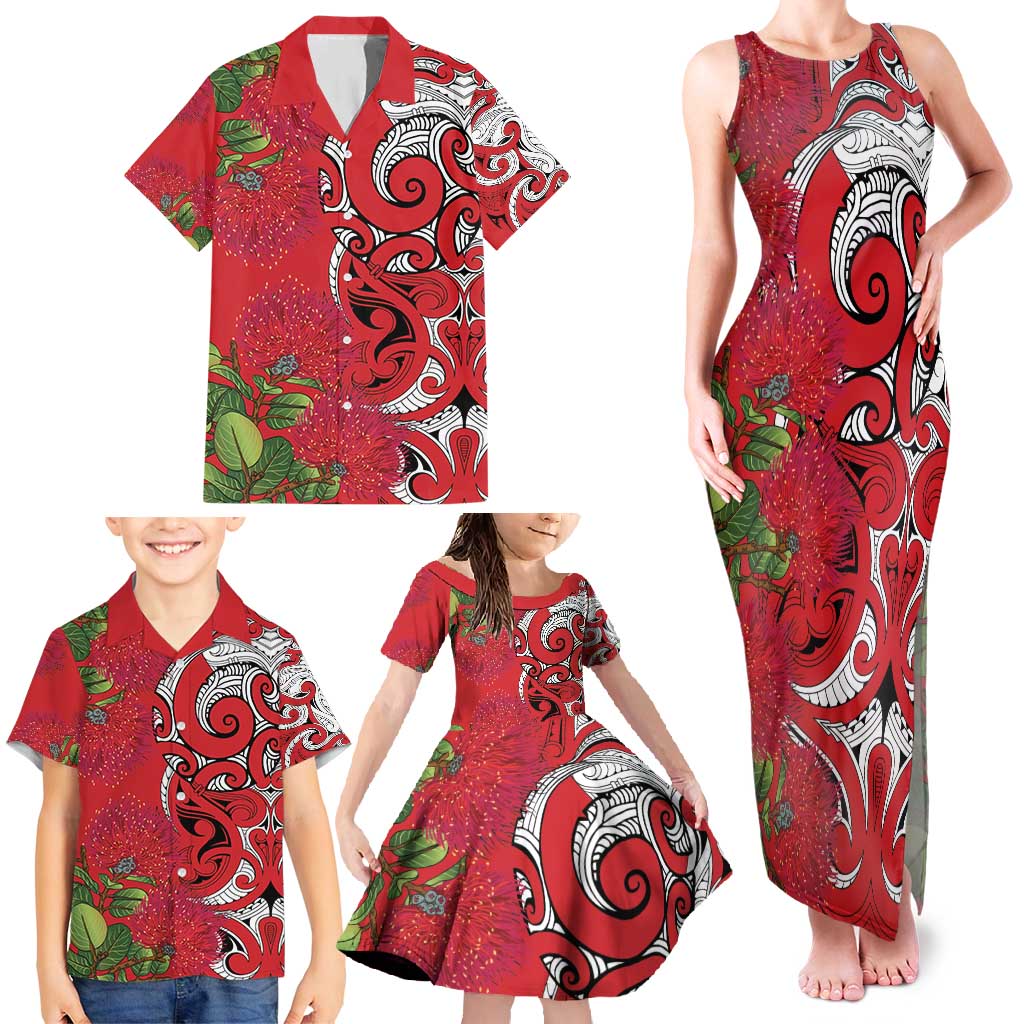 Personalised New Zealand Koru Pohutukawa Family Matching Tank Maxi Dress and Hawaiian Shirt Meri Kirihimete Aroha for Christmas - Polynesian Pride