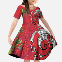 Personalised New Zealand Koru Pohutukawa Kid Short Sleeve Dress Meri Kirihimete Aroha for Christmas - Polynesian Pride