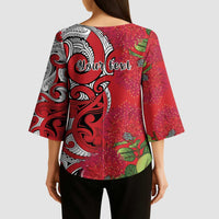 Personalised New Zealand Koru Pohutukawa Kimono Sleeve Blouse Meri Kirihimete Aroha for Christmas - Polynesian Pride