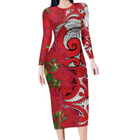 Personalised New Zealand Koru Pohutukawa Long Sleeve Bodycon Dress Meri Kirihimete Aroha for Christmas - Polynesian Pride
