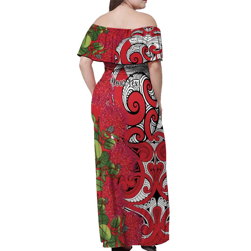 Personalised New Zealand Koru Pohutukawa Off Shoulder Maxi Dress Meri Kirihimete Aroha for Christmas - Polynesian Pride