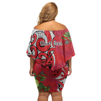 Personalised New Zealand Koru Pohutukawa Off Shoulder Short Dress Meri Kirihimete Aroha for Christmas - Polynesian Pride