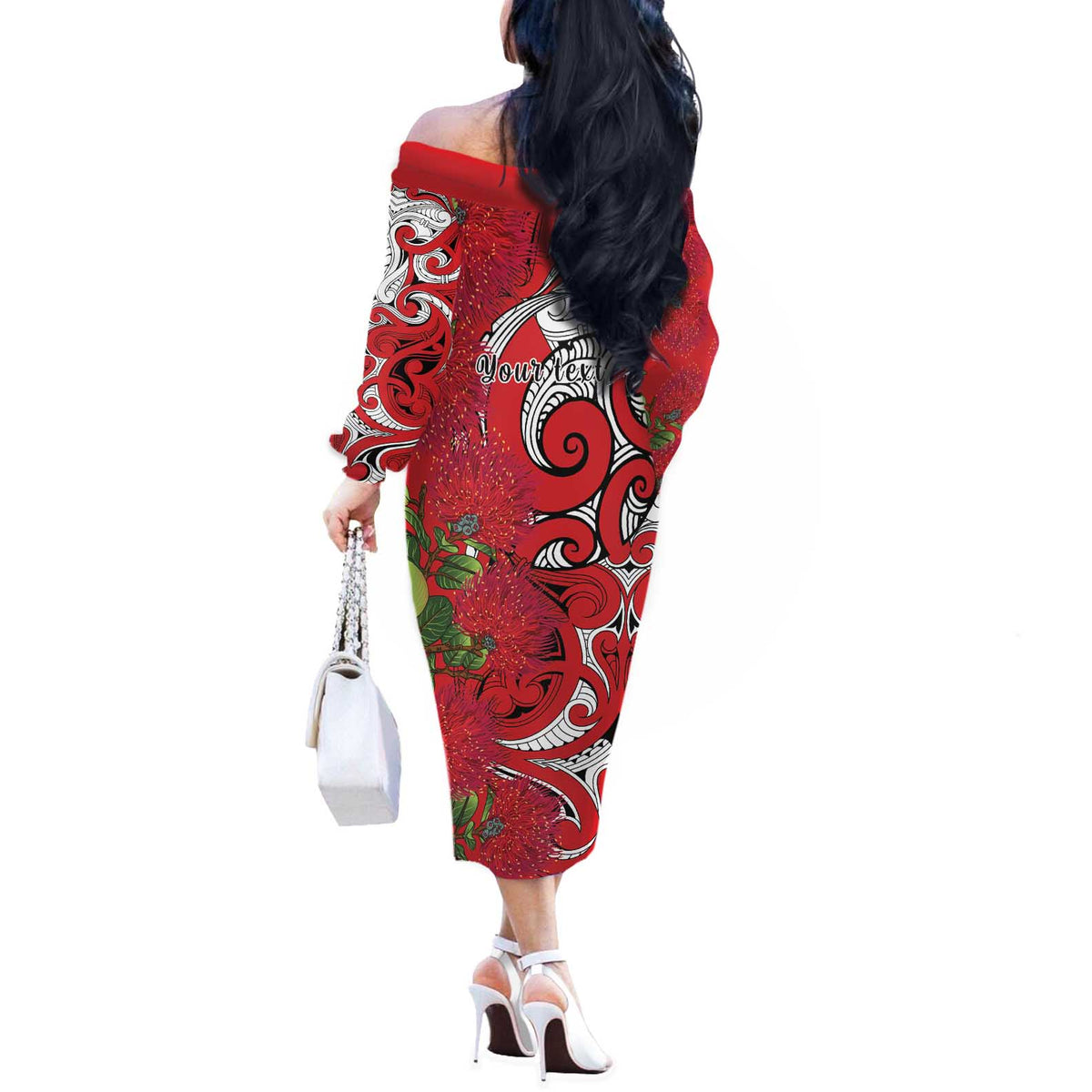 Personalised New Zealand Koru Pohutukawa Off The Shoulder Long Sleeve Dress Meri Kirihimete Aroha for Christmas - Polynesian Pride