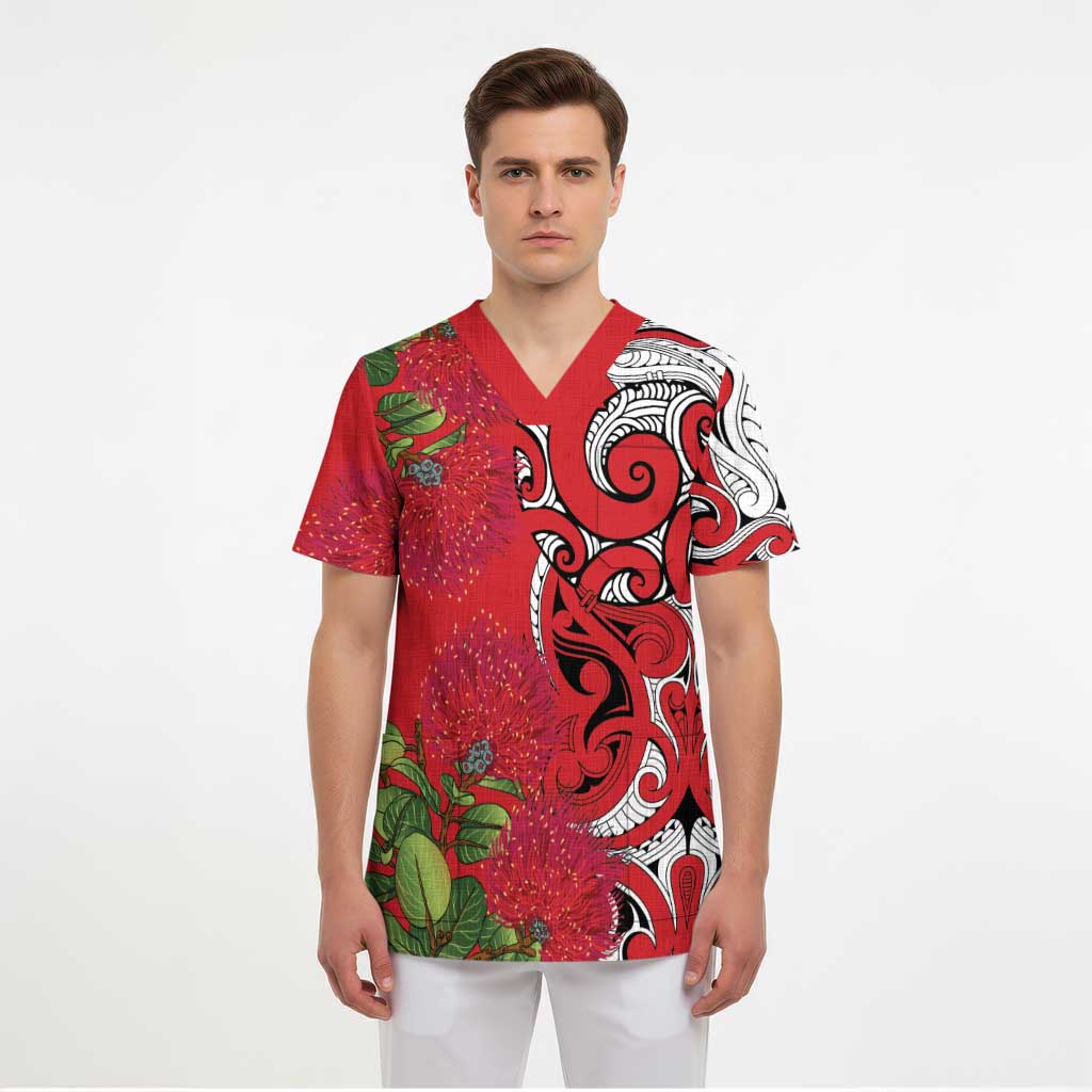 Personalised New Zealand Koru Pohutukawa Scrub Top Meri Kirihimete Aroha for Christmas - Polynesian Pride