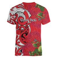 Personalised New Zealand Koru Pohutukawa Women V-Neck T-Shirt Meri Kirihimete Aroha for Christmas - Polynesian Pride