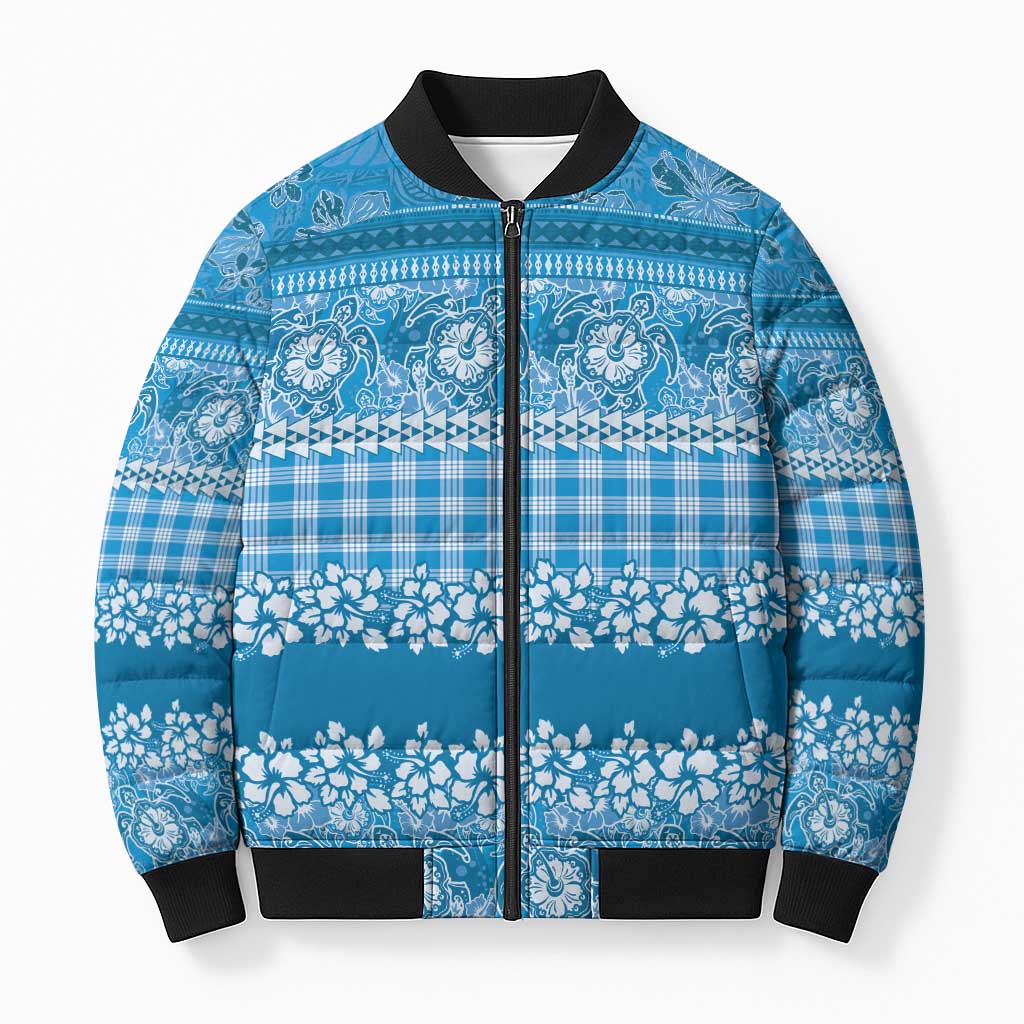 Hawaiian Hibiscus Honu Bomber Puffer Jacket Blue Mele Kalikimaka Palaka Spirit - Polynesian Pride