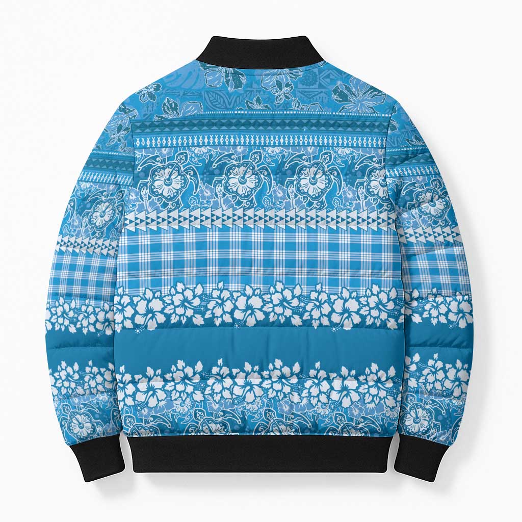 Hawaiian Hibiscus Honu Bomber Puffer Jacket Blue Mele Kalikimaka Palaka Spirit LT9 - Polynesian Pride