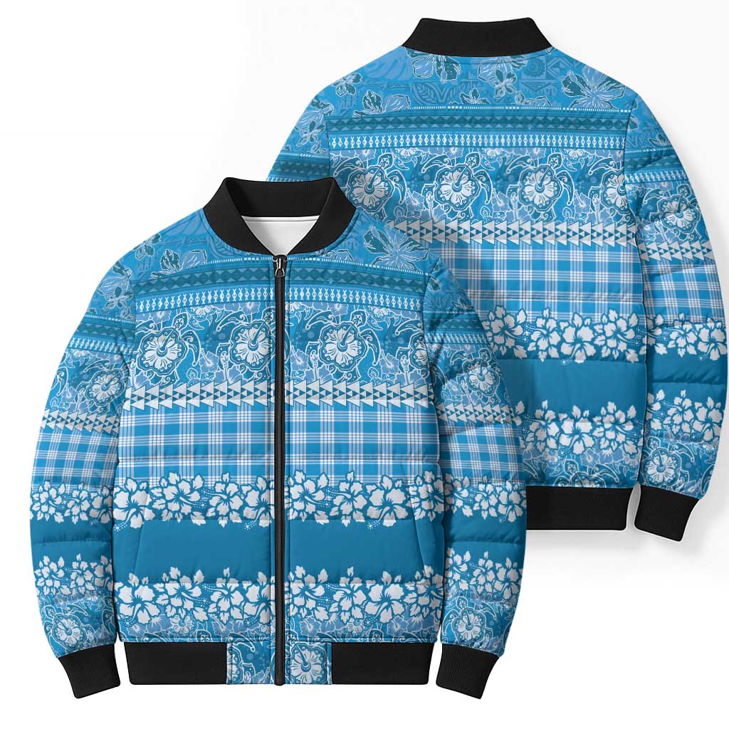 Hawaiian Hibiscus Honu Bomber Puffer Jacket Blue Mele Kalikimaka Palaka Spirit LT9 - Polynesian Pride