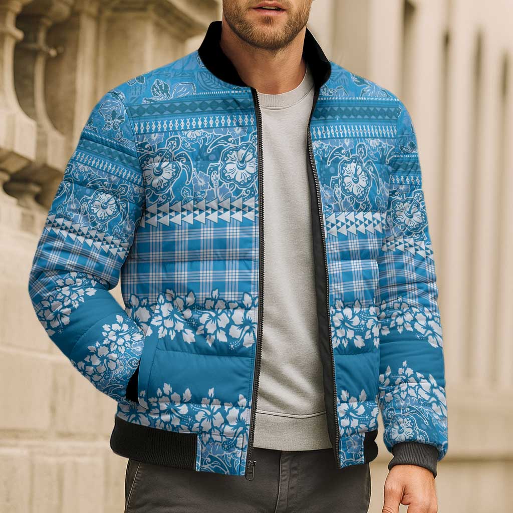 Hawaiian Hibiscus Honu Bomber Puffer Jacket Blue Mele Kalikimaka Palaka Spirit LT9 - Polynesian Pride